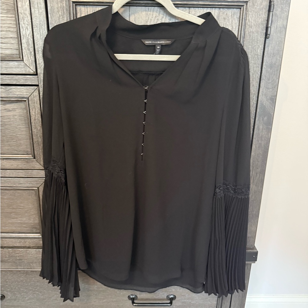 White House Black Market Black Blouse with Pleated Sleeves